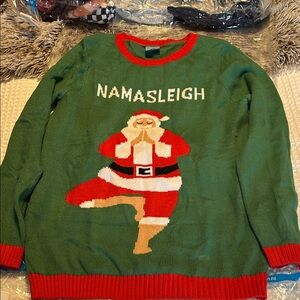 Festive Green and Red 'Namasleigh' Santa Holiday Christmas Ugly Sweater